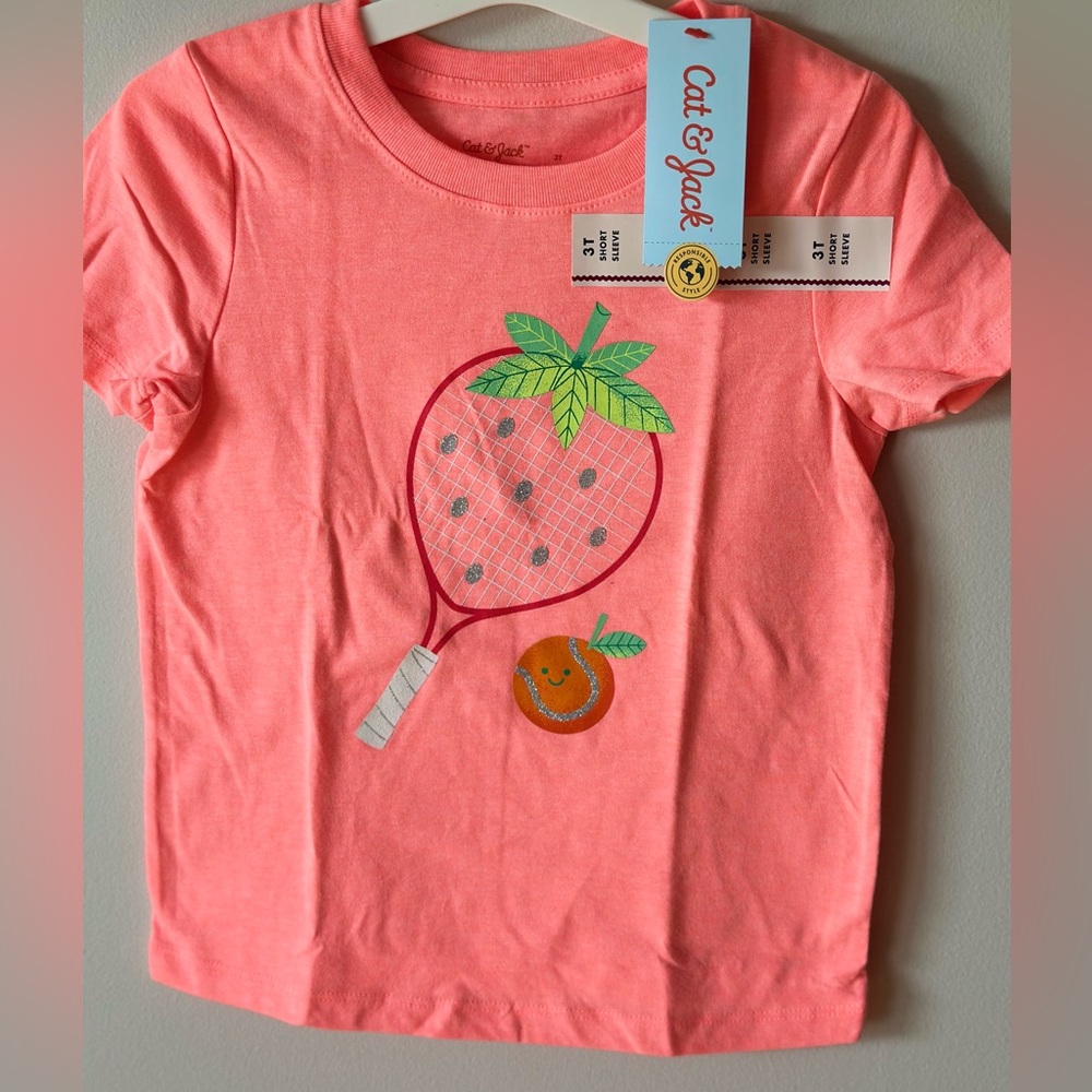 NWT Cat & Jack Kids' Coral Tennis Strawberry Graphic Tee